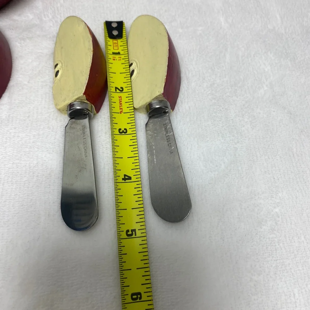VTG Decorative Red Apple Cheese Spreader Set Stainless Steel Blades Wood Handles